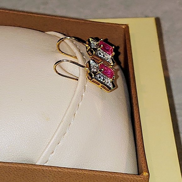 14K GOLD VERMILE 1ct NATURAL PINK EMERALD CUT SAPPHIRE EARRINGS LATCH BACK - Picture 8 of 15